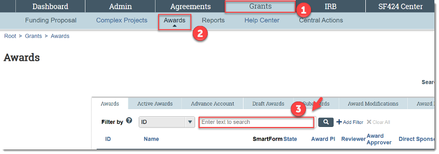 Click Grants Click Awards Searching by the award ID