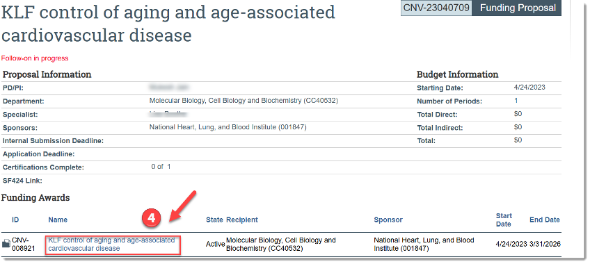 From the related Funding Proposal, click the name of the active award for which continuation funding is needed