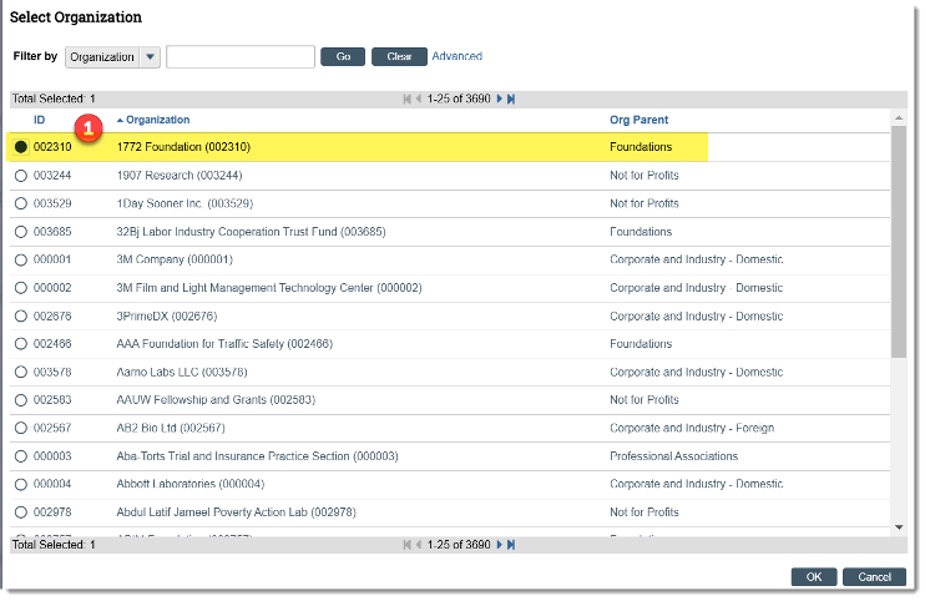 From the Select Organization slide-in window, choose an organization that has an ID consisting of six numerical digits (e.g., 002980); or