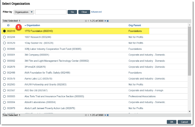 From the Select Organization slide-in window, choose an organization that has an ID consisting of six numerical digits (e.g., 002980)