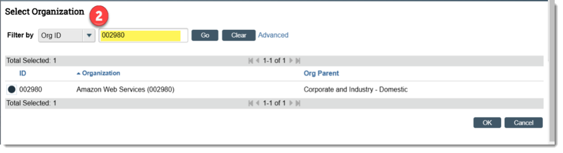 You can use the Filter By option to directly search for the desired sponsor if you have the ID or name of the organization