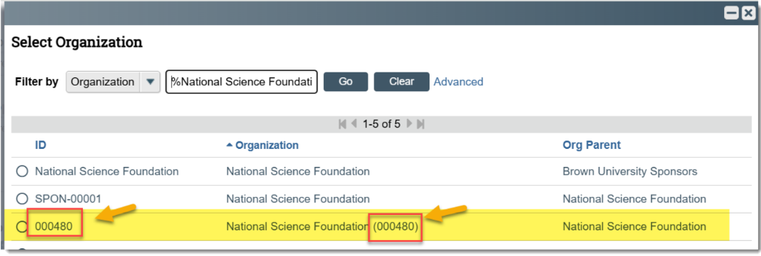 For older sponsors, such as the National Science Foundation, the sponsor has the sponsor number (XXXXXX) only in the ID and sponsor number (XXXXXX) after the Organization name.