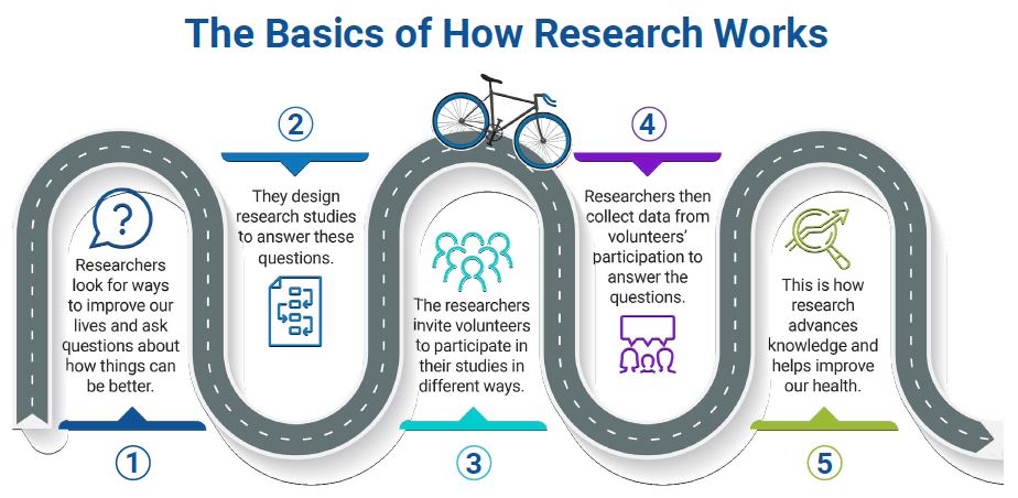 A graphic describing the basics of how research works