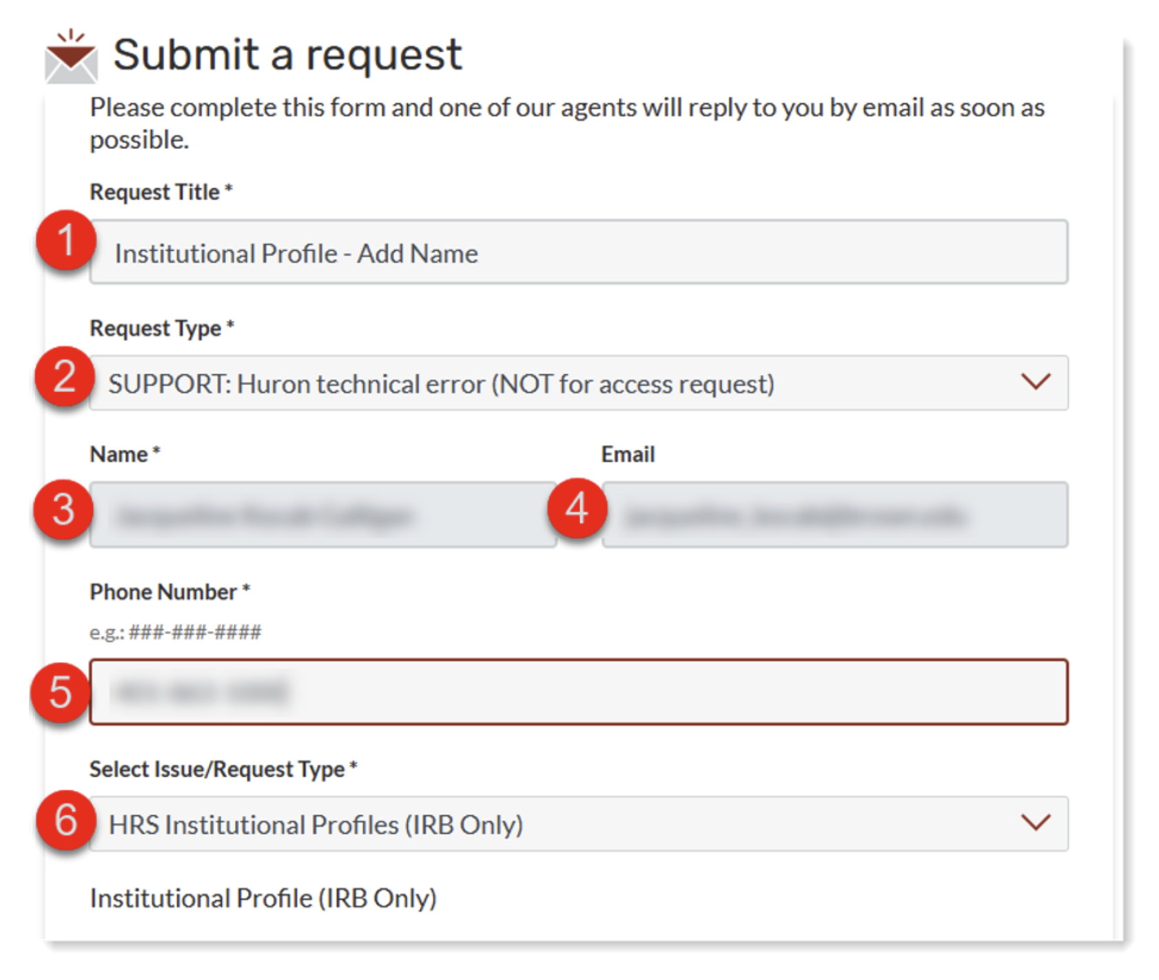 Steps to submit a support ticket numbered from 1 to 6.