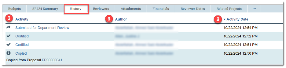 The History tab will display the Activity, the Author (who performed the activity), and the Activity Date (when the activity was performed). 